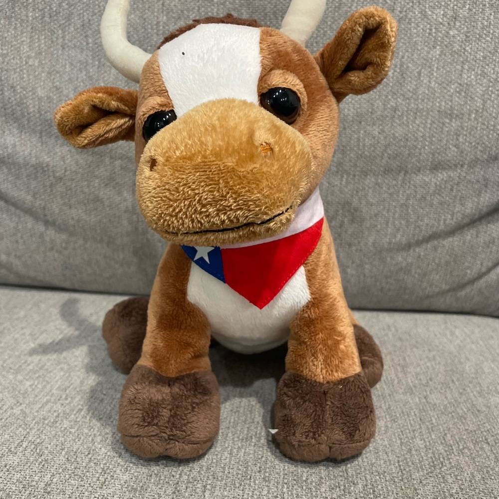 Texas Longhorn Bull Stuffed Plush Animal Toy wearing Texas Flag Bandanna 11”